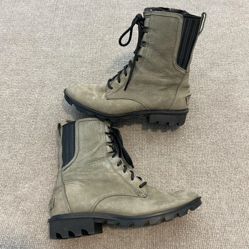Sorel Boots Womens‎ Size 8.5 Beige Leather Waterproof Ankle Combat NL3007-052